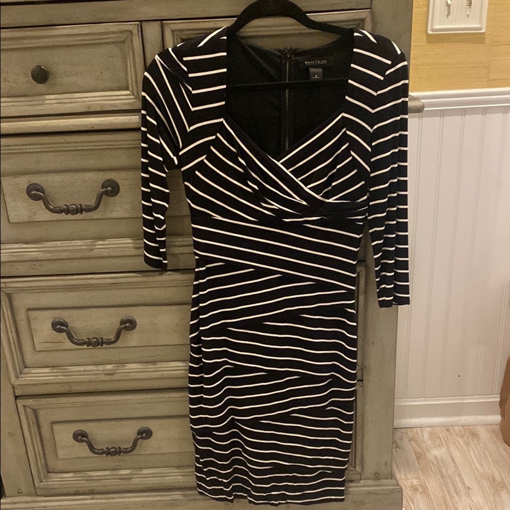 White House Black Market Asymmetrical Black and White Bodycon Dress